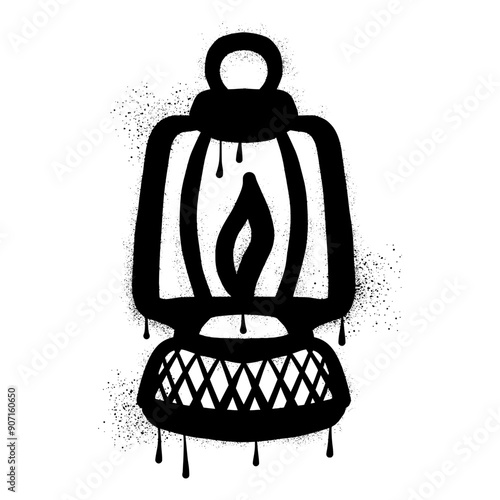 Kerosene lamp graffiti with black spray paint. Hand drawn oil lamp graffiti