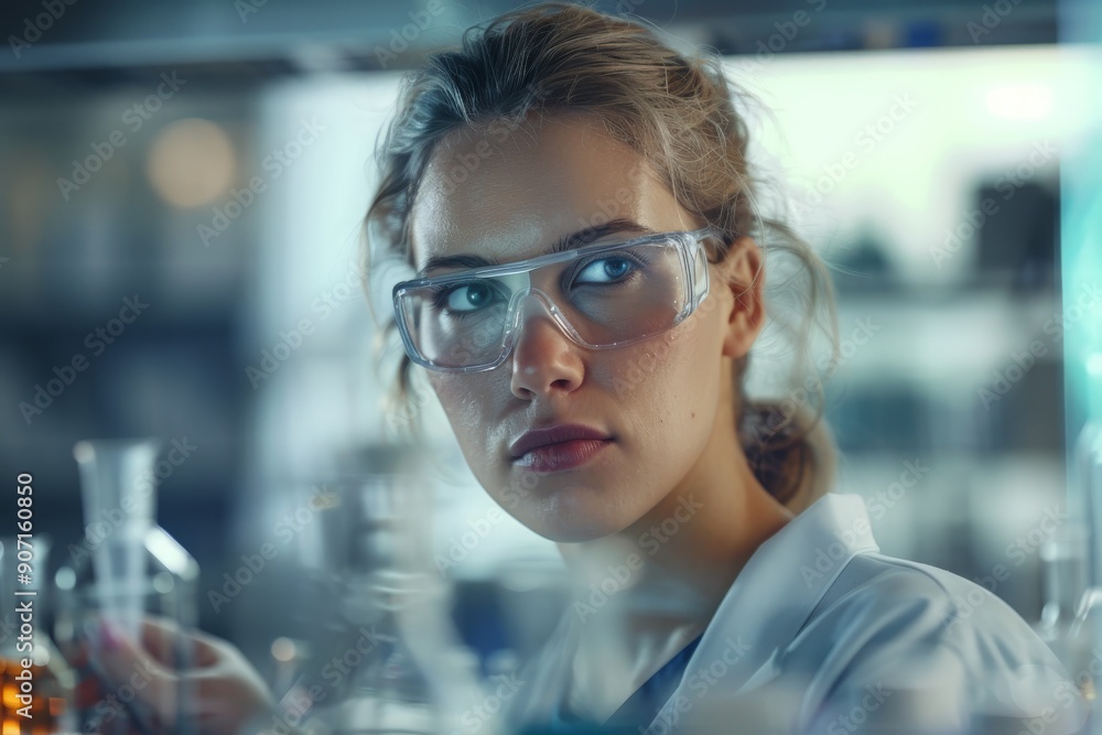 A young female researcher with protective glasses works in a modern laboratory, focused on her scientific tasks, reflecting curiosity, dedication, and methodological approach to science. A young female researcher with protective glasses works in a modern laboratory, focused on her scientific tasks, reflecting curiosity, dedication, and methodological approach to science.