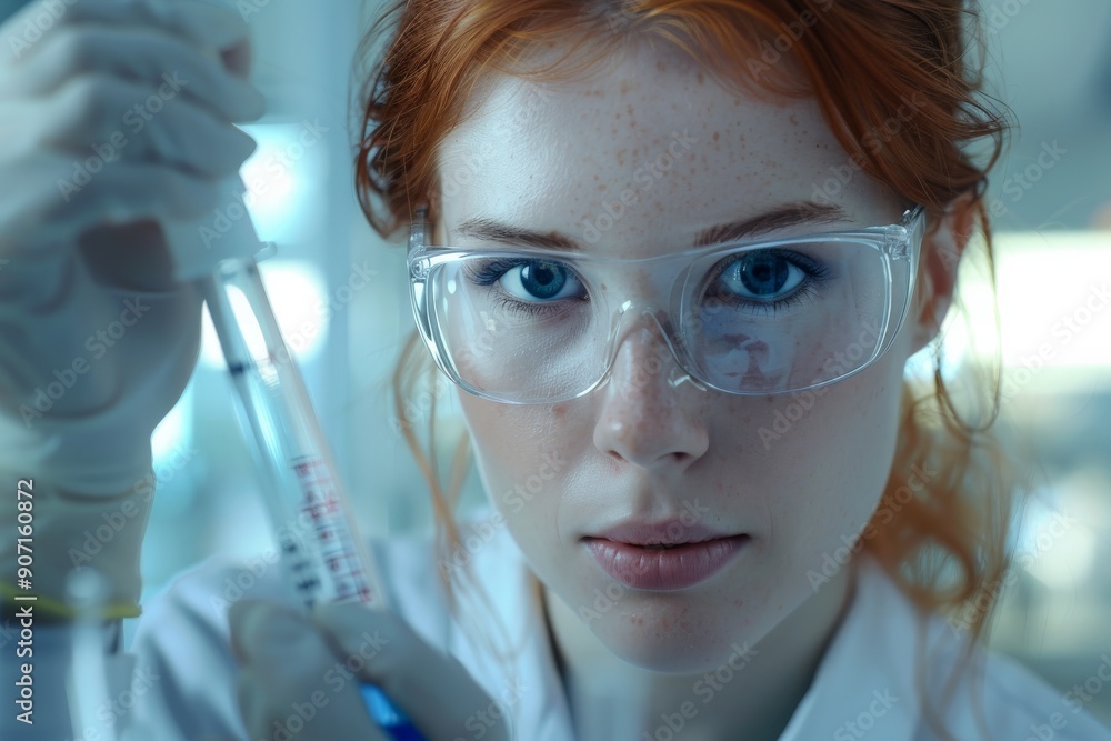 A young female scientist with red hair and protective glasses examines a test tube, highlighting her scientific curiosity, precision, and commitment to contemporary laboratory research. A young female scientist with red hair and protective glasses examines a test tube, highlighting her scientific curiosity, precision, and commitment to contemporary laboratory research.