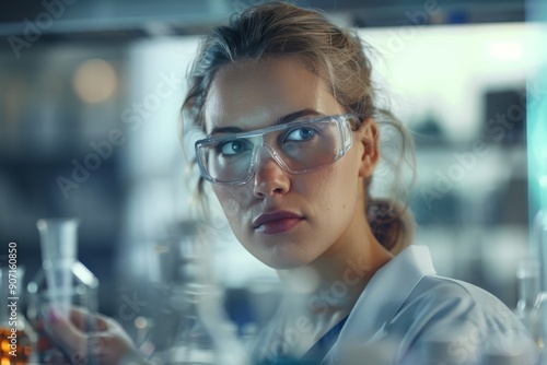 A young female researcher with protective glasses works in a modern laboratory, focused on her scientific tasks, reflecting curiosity, dedication, and methodological approach to science. photo