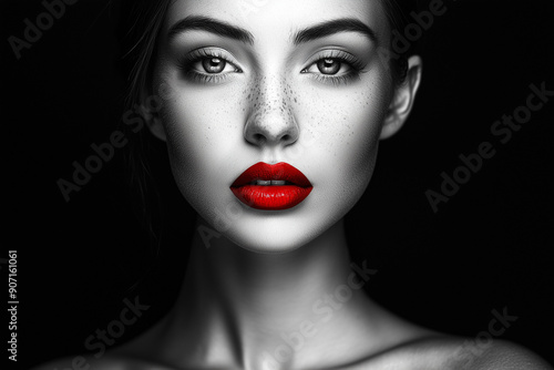 Wallpaper Mural Close up black and white face portrait, female model with freckles and red lipstick accent. Minimal concept of cosmetic industry poster or ad, skin care, style and beauty. Background with copy space Torontodigital.ca