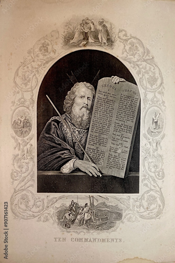 Fototapeta premium Portrait of The Ten Commandments - Old 1800s Authorized New Testament Depiction from Philadelphia United States of America 