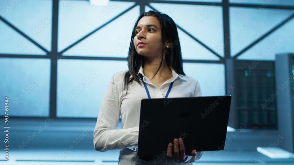 Admin in data center managing servers, operating systems and software programs. Tracking shot of woman in server hub ensuring networks are secure, up to date, and functioning properly, camera A Admin in data center managing servers, operating systems and software programs. Tracking shot of woman in server hub ensuring networks are secure, up to date, and functioning properly, camera A