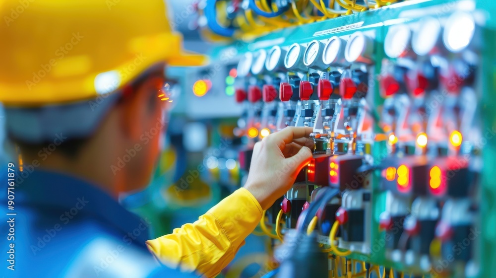 Fototapeta premium A man in a yellow shirt is working on a control panel