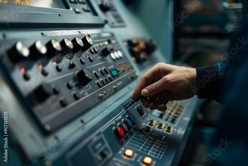 Cnc machine control panel precision operation demonstrated through hand input in photography shot