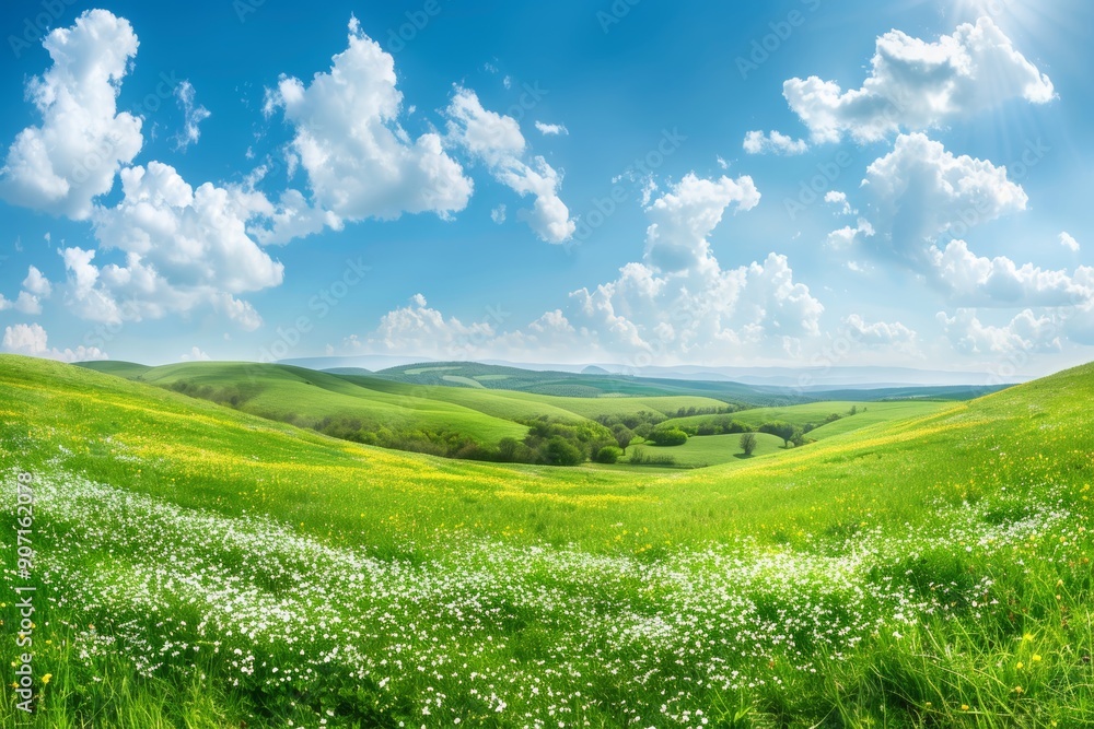 Photography shot, Calm view of green hills, bright sunny day, blue sky. Panoramic landscape concept. Photography shot, Calm view of green hills, bright sunny day, blue sky. Panoramic landscape concept.