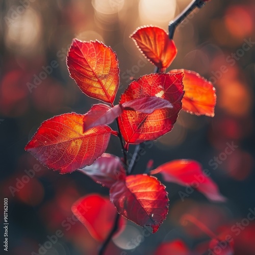 Autumn Elegance: Crimson Leaves Adorning Branches Under the Warm Embrace of Fall Sunlight