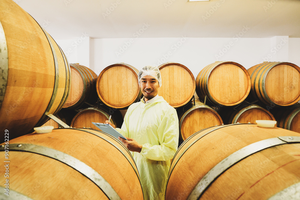 Japanese male wine factory worker wearing coat inspects an oak barrel temperature controlled room maintain quality within the wine business factory and record wine fermentation reports on a clipboard. Japanese male wine factory worker wearing coat inspects an oak barrel temperature controlled room maintain quality within the wine business factory and record wine fermentation reports on a clipboard.