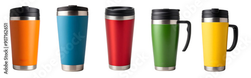 set of  five  steel tumbler coffee thermos travel mug isolated on transparent background