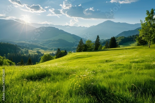 Breathtaking alpine mountain landscape with verdant meadows in spring and summer