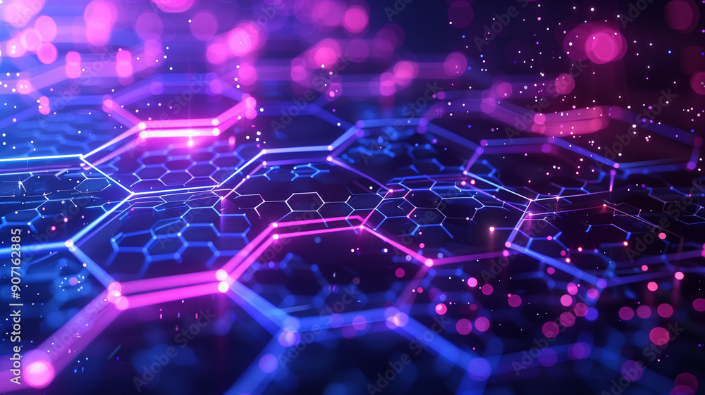 Obraz premium Futuristic purple and blue hexagon background with neon light lines