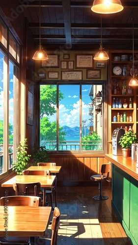 cozy cafe with vintage decor background vertical backdrop illustration anime cartoon