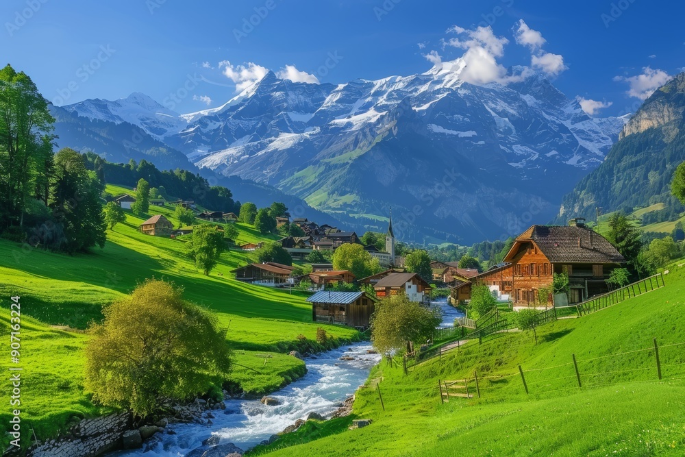Scenic alpine village idyllic landscape with river, green fields, and swiss mountains Scenic alpine village idyllic landscape with river, green fields, and swiss mountains