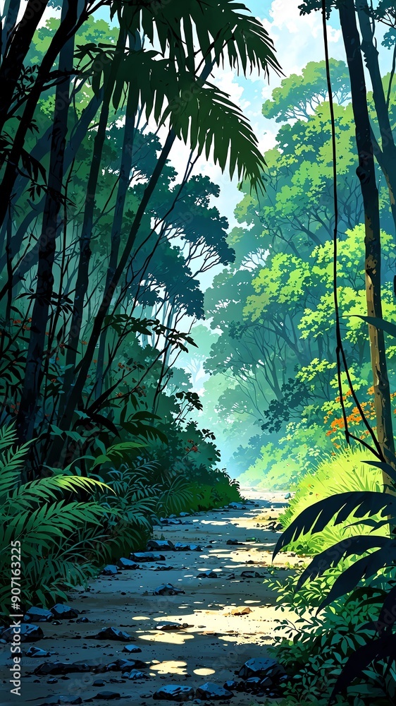 Naklejka premium dense jungle with exotic plants background vertical backdrop illustration anime cartoon