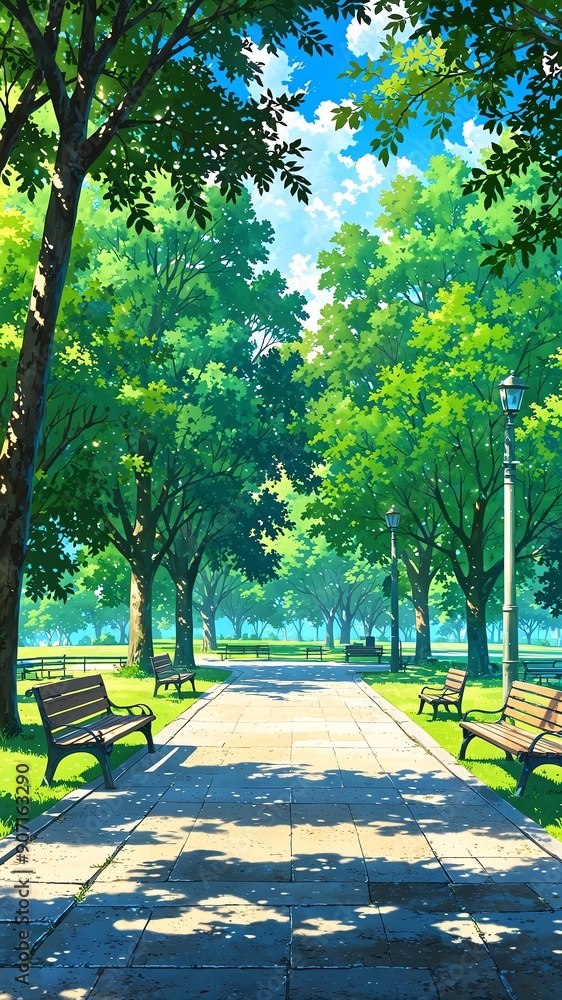 Obraz premium lush green park with benches background vertical backdrop illustration anime cartoon