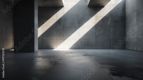 Empty abstract industrial concrete interior with a polished concrete floor, dark and dramatic lighting, minimalist design, 3D illustration