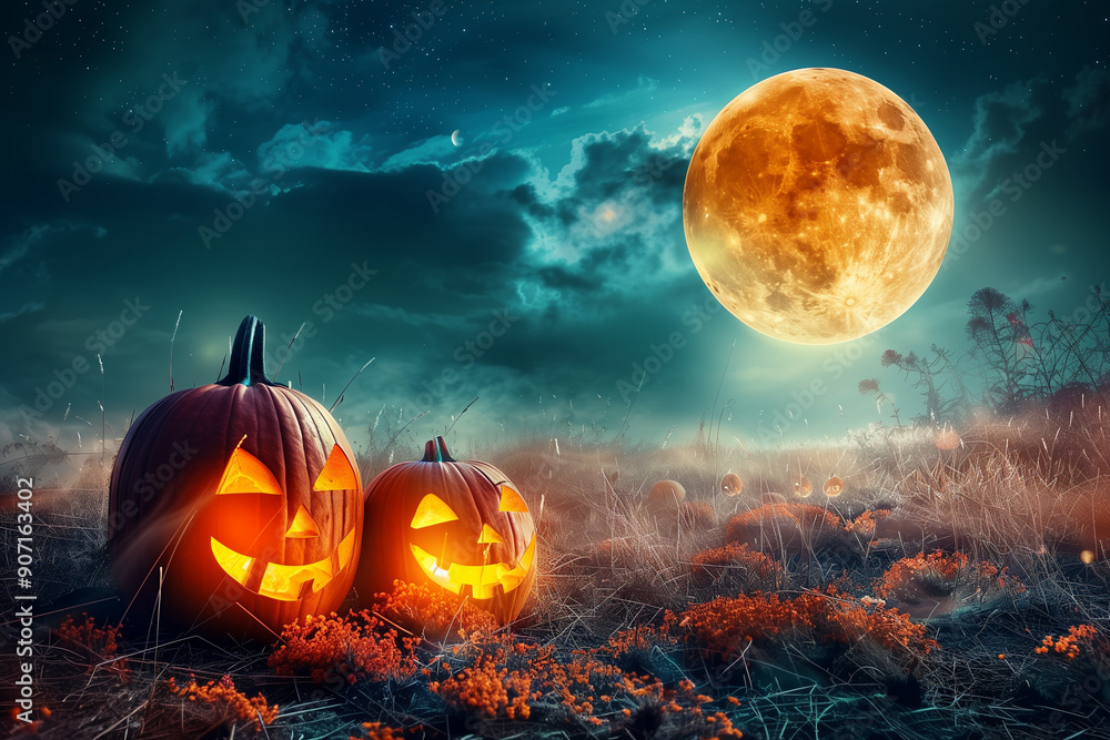Orange Full Moon shining over a Halloween pumpkin patch creating a haunting atmosphere of mystery and terror Orange Full Moon shining over a Halloween pumpkin patch creating a haunting atmosphere of mystery and terror