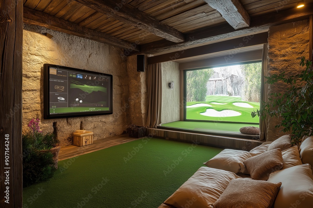 Image showcasing modern indoor golf simulator club interior design professional ...