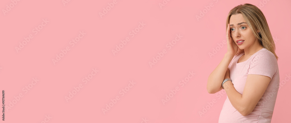 Embarrassed pregnant woman on pink background Embarrassed pregnant woman on pink background