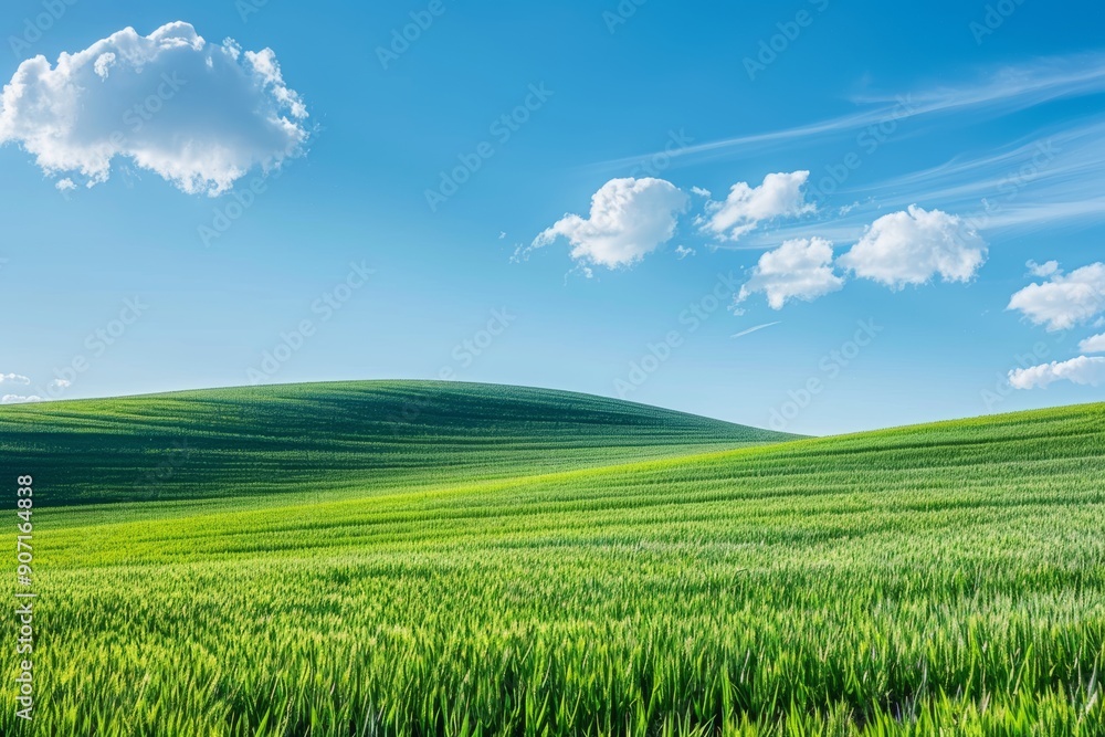 Fototapeta premium Panoramic spring landscape of lush green fields on a hill with a beautiful blue sky background
