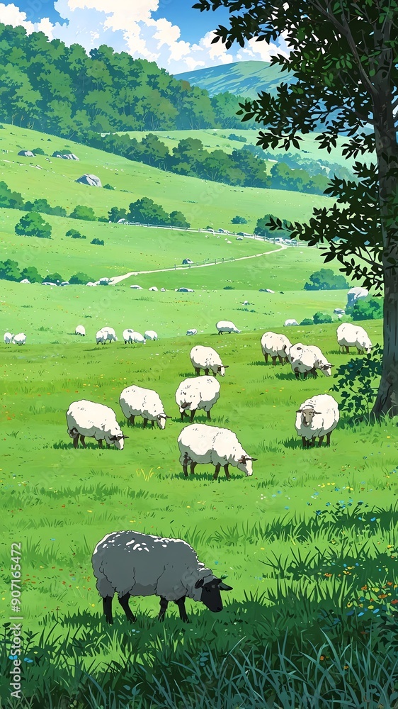 Fototapeta premium quiet meadow with grazing sheep background vertical backdrop illustration anime cartoon