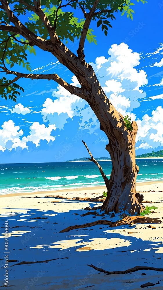 serene beach with driftwood background vertical backdrop illustration anime cartoon serene beach with driftwood background vertical backdrop illustration anime cartoon
