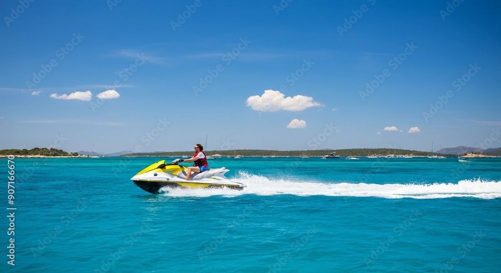 Jet ski speeding across crystal clear blue waters with a bright sky
Jet ski speeding across crystal clear blue waters with a bright sky
