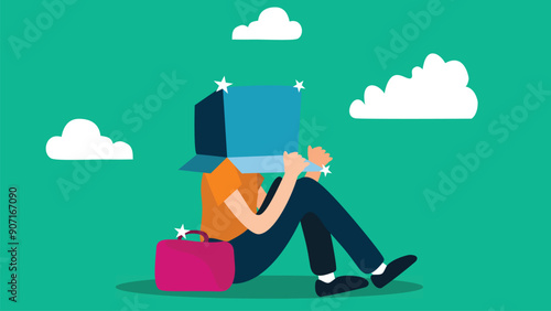 Businessman sitting on the ground with a box over his head, symbolizing business failure, work mistakes, and professional setbacks.

