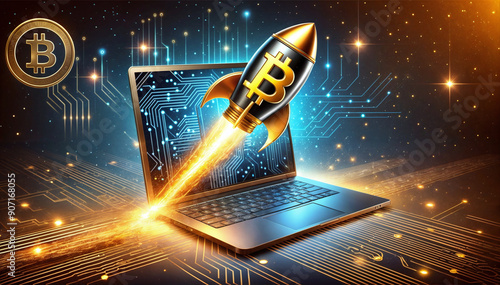 3D Bitcoin Rocket Emerging from Laptop Wallpaper, Generative ai