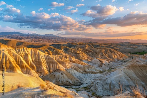 Panoramic sunset view of yellow hills in warm colors against a blue sky landscape