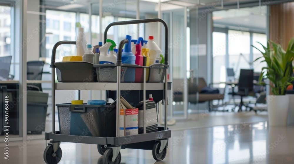 Professional janitorial cart with cleaning supplies in corporate office environment Professional janitorial cart with cleaning supplies in corporate office environment
