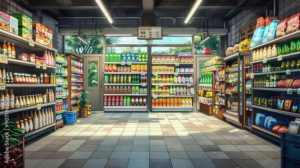 Anime Illustration of a Grocery Store Interior Anime Illustration of a Grocery Store Interior