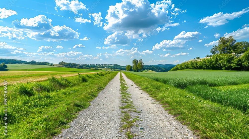 Tranquil rural landscape empty gravel path and lush green fields on a sunny day Tranquil rural landscape empty gravel path and lush green fields on a sunny day