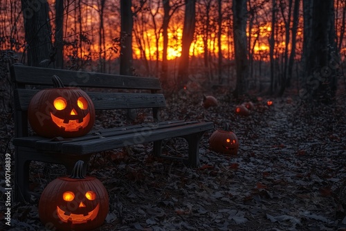 Haunted Forest Sunset with Glowing Jack O'Lanterns and Spooky Halloween Atmosphere