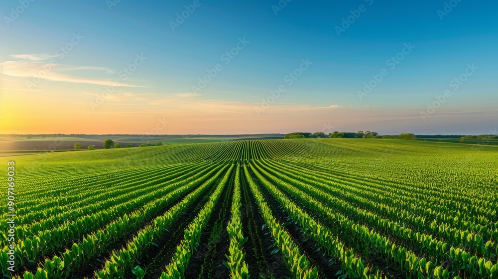 Vast agricultural vista with crop rows stretching to the horizon, showcasing rural farming beauty Vast agricultural vista with crop rows stretching to the horizon, showcasing rural farming beauty