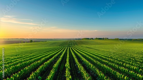 Vast agricultural vista with crop rows stretching to the horizon, showcasing rural farming beauty