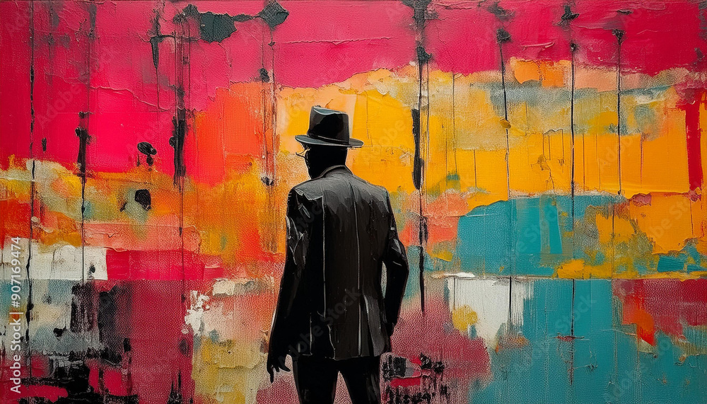 Obraz premium Silhouette of a man graffiti background digital art generated with AI, pop colors