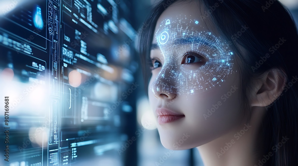 A woman's face with glowing digital data surrounding her eye, symbolizing the intersection of technology and the human experience. A woman's face with glowing digital data surrounding her eye, symbolizing the intersection of technology and the human experience.