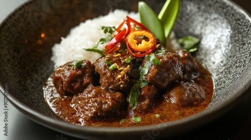 Delicious Beef Curry with Rice and Chili Peppers