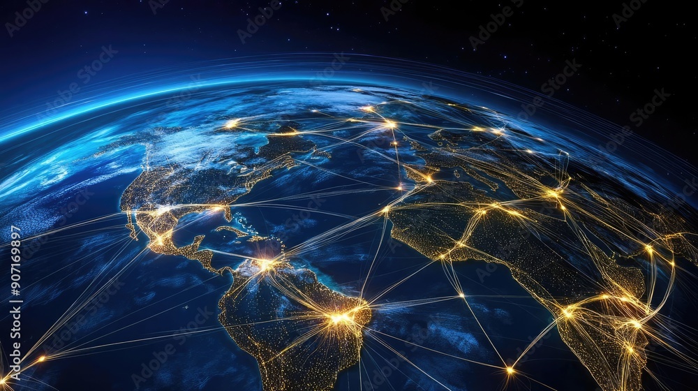 Abstract Earth with luminous trade routes, international connection, global trade network Abstract Earth with luminous trade routes, international connection, global trade network