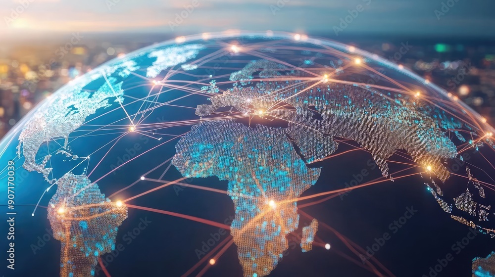 Digital globe with connected trade routes, global network, world trade Digital globe with connected trade routes, global network, world trade