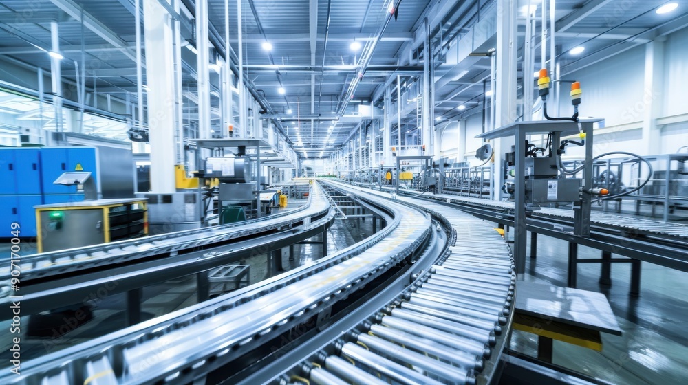 A factory with conveyor belts and machines A factory with conveyor belts and machines