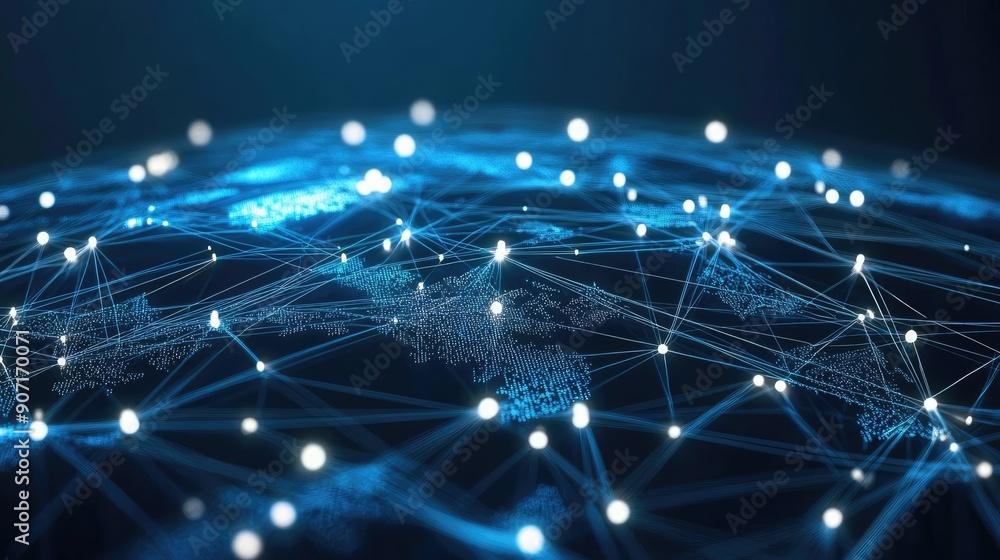 Obraz premium Digital world with interconnected nodes and lines, global network, international business
