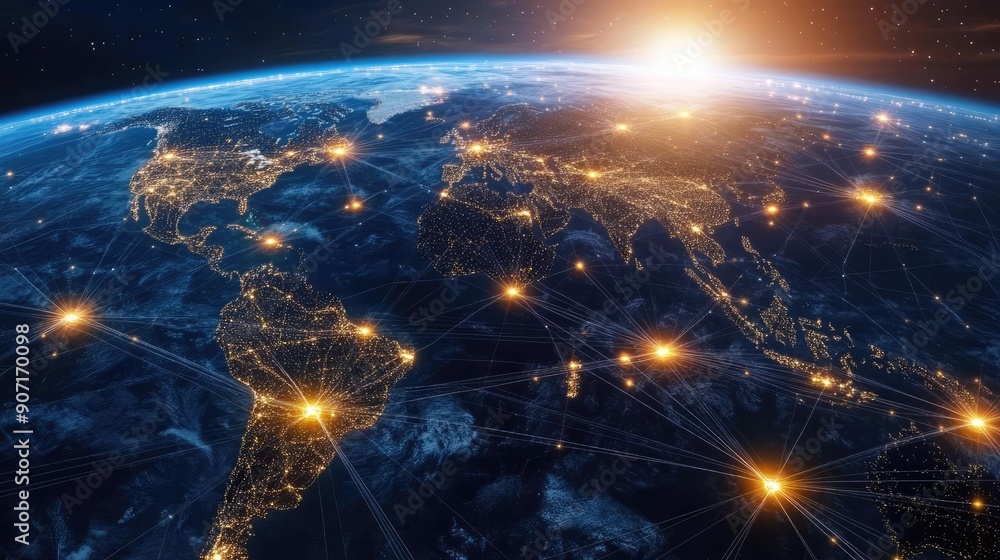 Earth with glowing international connections, global network, world commerce Earth with glowing international connections, global network, world commerce