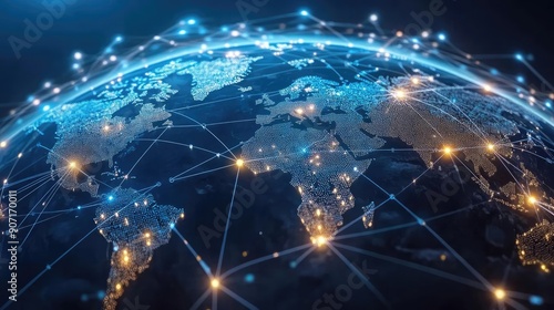 Digital globe with connected trade routes, global network, world trade