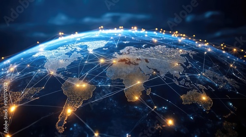 Obraz na płótnie Digital globe with connected trade routes, global network, world trade w salonie