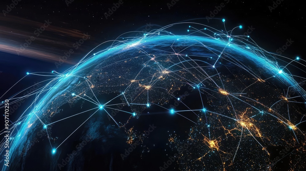 Earth with neon lines indicating international connections, network connection, global trade Earth with neon lines indicating international connections, network connection, global trade
