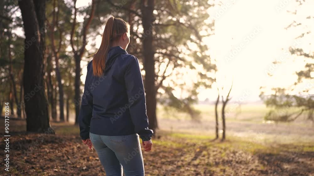 girl tourist walks through the forest. tourist trip concept. a young happy girl in a blue jacket walks through the spring forest with back view, and the glare of tourist the sun lifestyle. girl tourist walks through the forest. tourist trip concept. a young happy girl in a blue jacket walks through the spring forest with back view, and the glare of tourist the sun lifestyle.