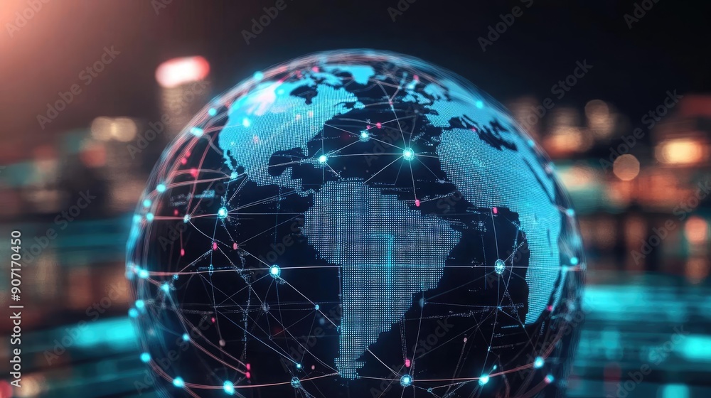 Holographic globe with network nodes, world connection, international business Holographic globe with network nodes, world connection, international business