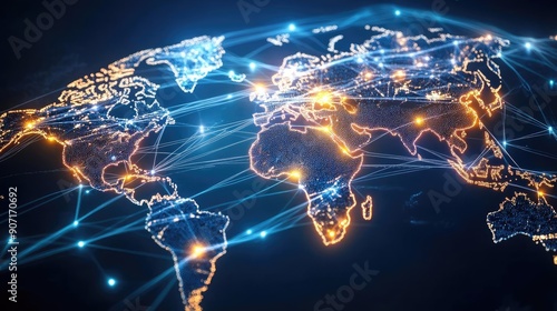 World map with glowing connection lines, international network, global trade